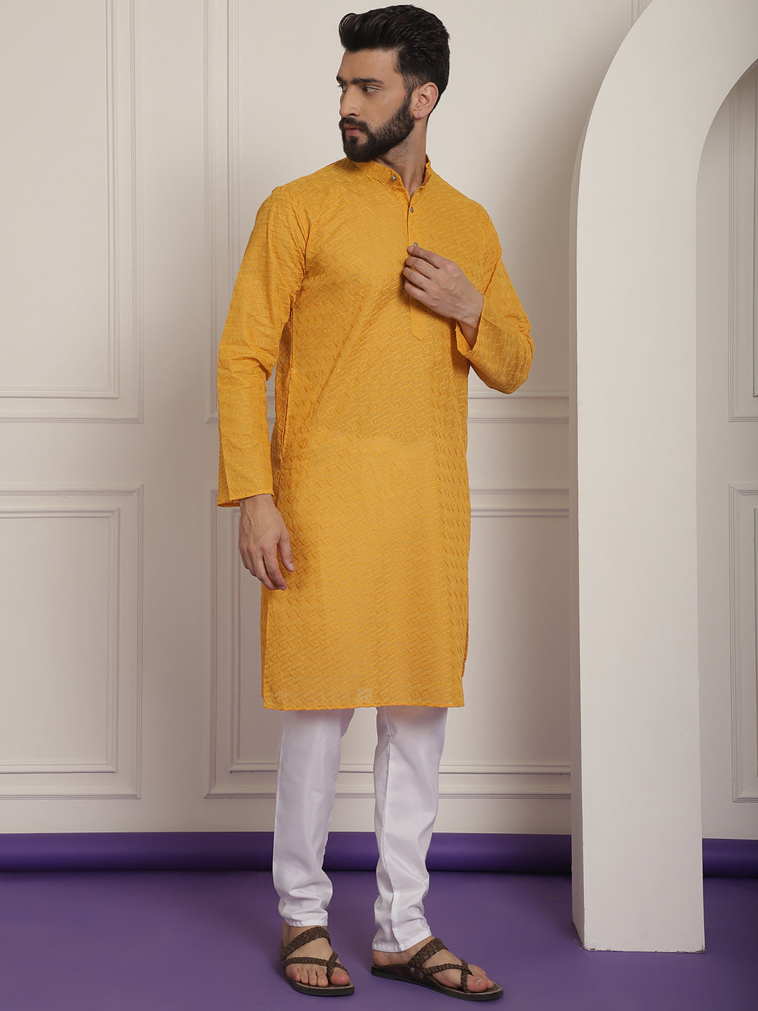 Sojanya Ethnic Motifs Embroidered Thread Work Pure Cotton Mustard Straight Kurta With Churidar