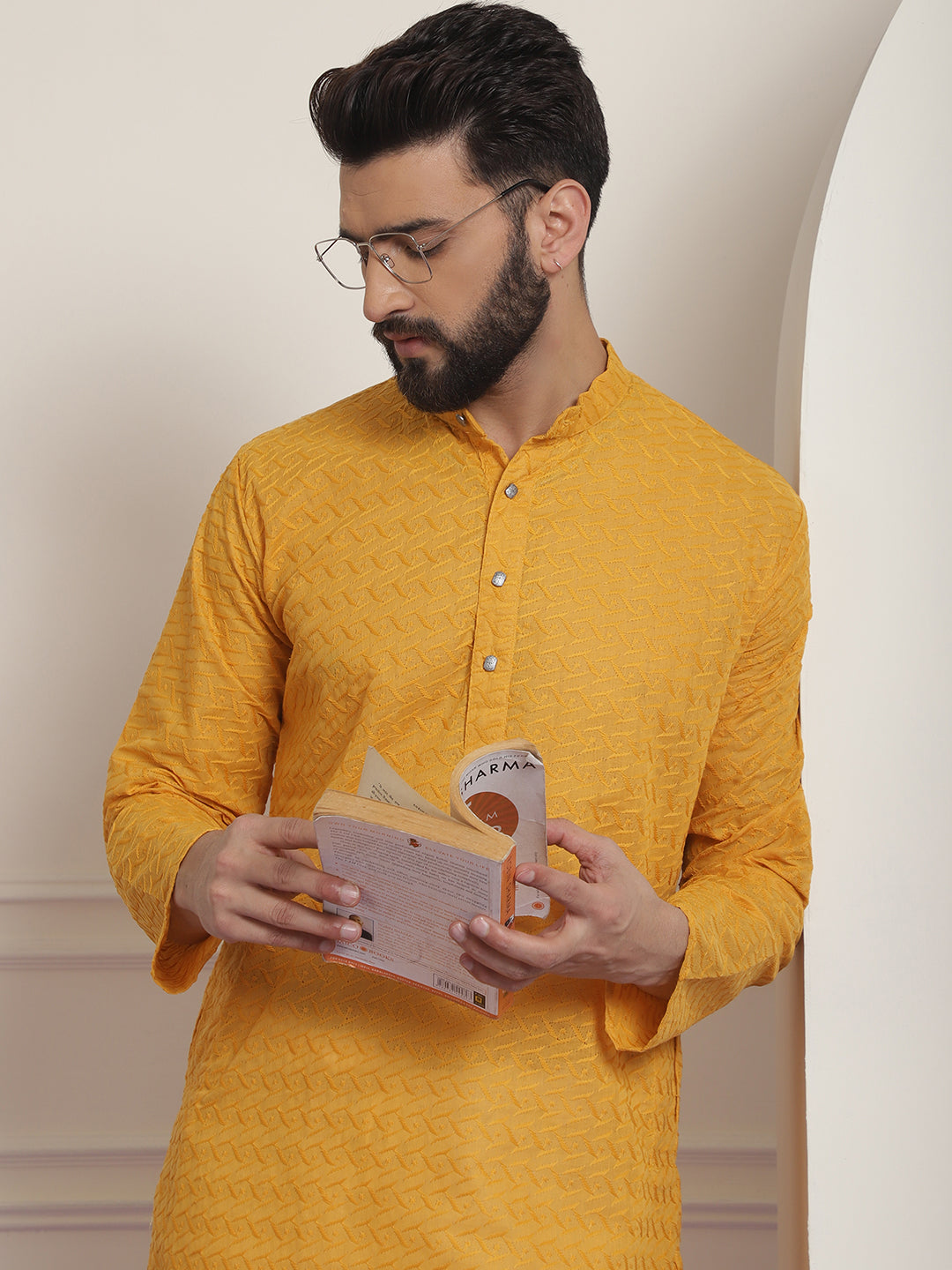 Sojanya Ethnic Motifs Embroidered Thread Work Pure Cotton Mustard Straight Kurta With Churidar