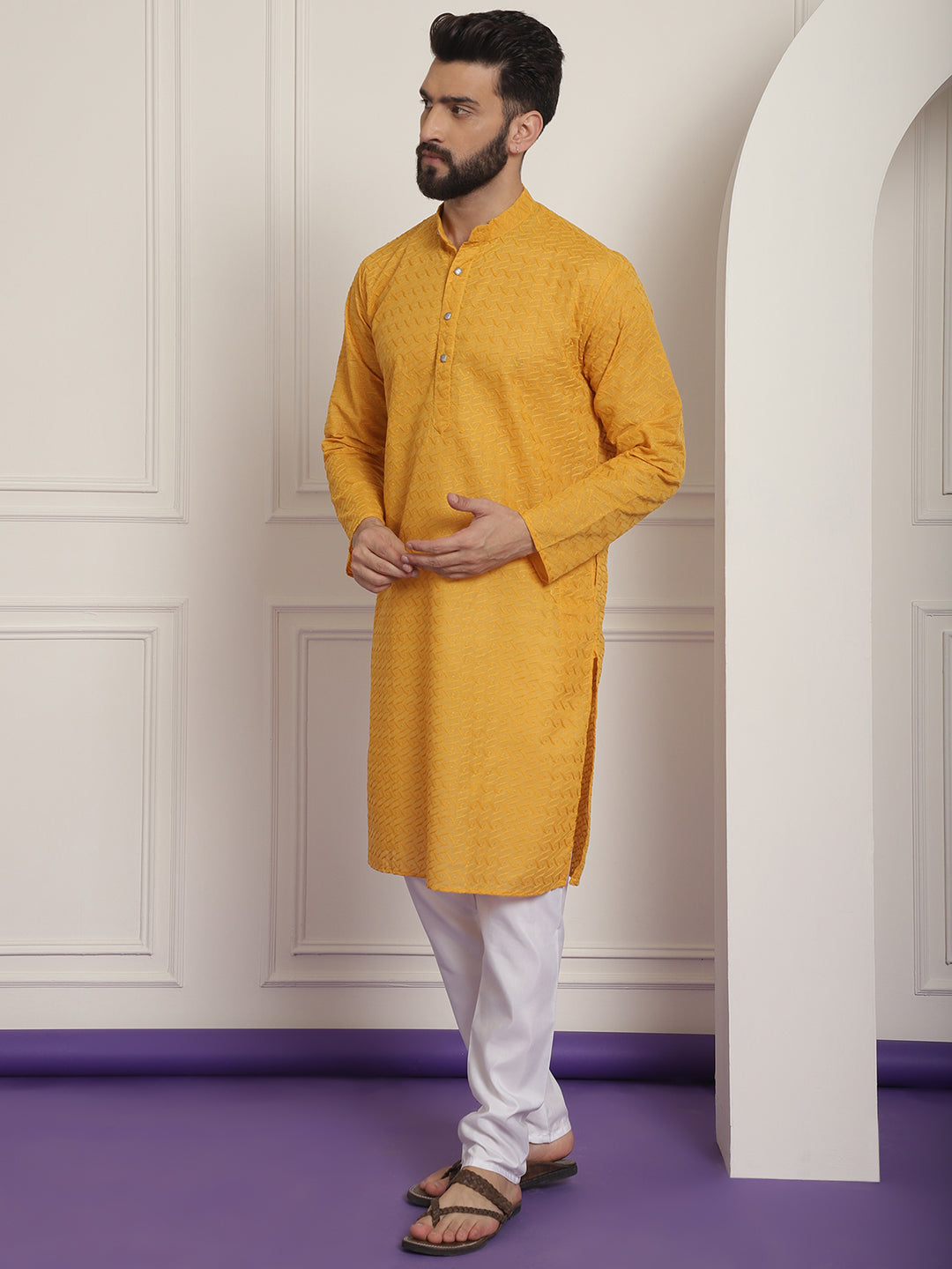 Sojanya Ethnic Motifs Embroidered Thread Work Pure Cotton Mustard Straight Kurta With Churidar