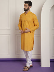 Sojanya Ethnic Motifs Embroidered Thread Work Pure Cotton Mustard Straight Kurta With Churidar