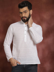 Men's Ethnic Motifs Chikankari Embroidered Pure Cotton White Short Kurta