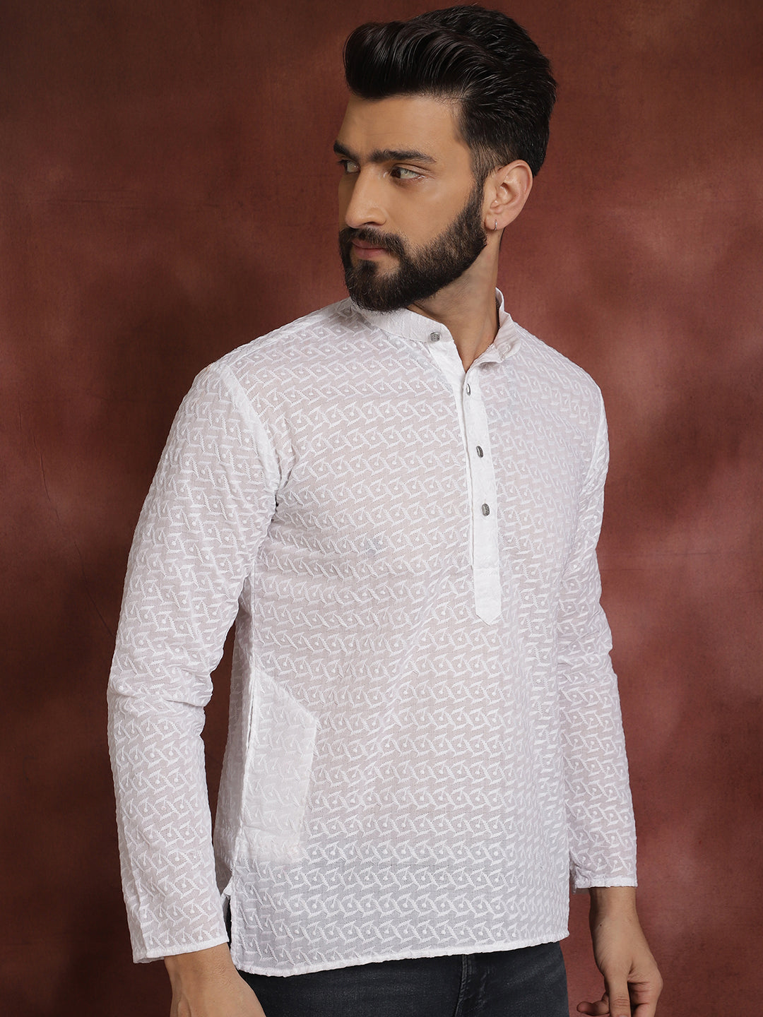 Men's Ethnic Motifs Chikankari Embroidered Pure Cotton White Short Kurta