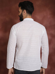 Men's Ethnic Motifs Chikankari Embroidered Pure Cotton White Short Kurta