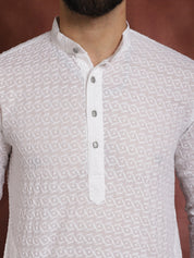 Men's Ethnic Motifs Chikankari Embroidered Pure Cotton White Short Kurta