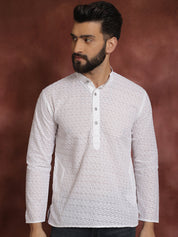 Men's Ethnic Motifs Chikankari Embroidered Pure Cotton White Short Kurta