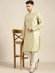 Men's Silk Blend Pista Embroidered Kurta With Cream Churidaar Pyjama