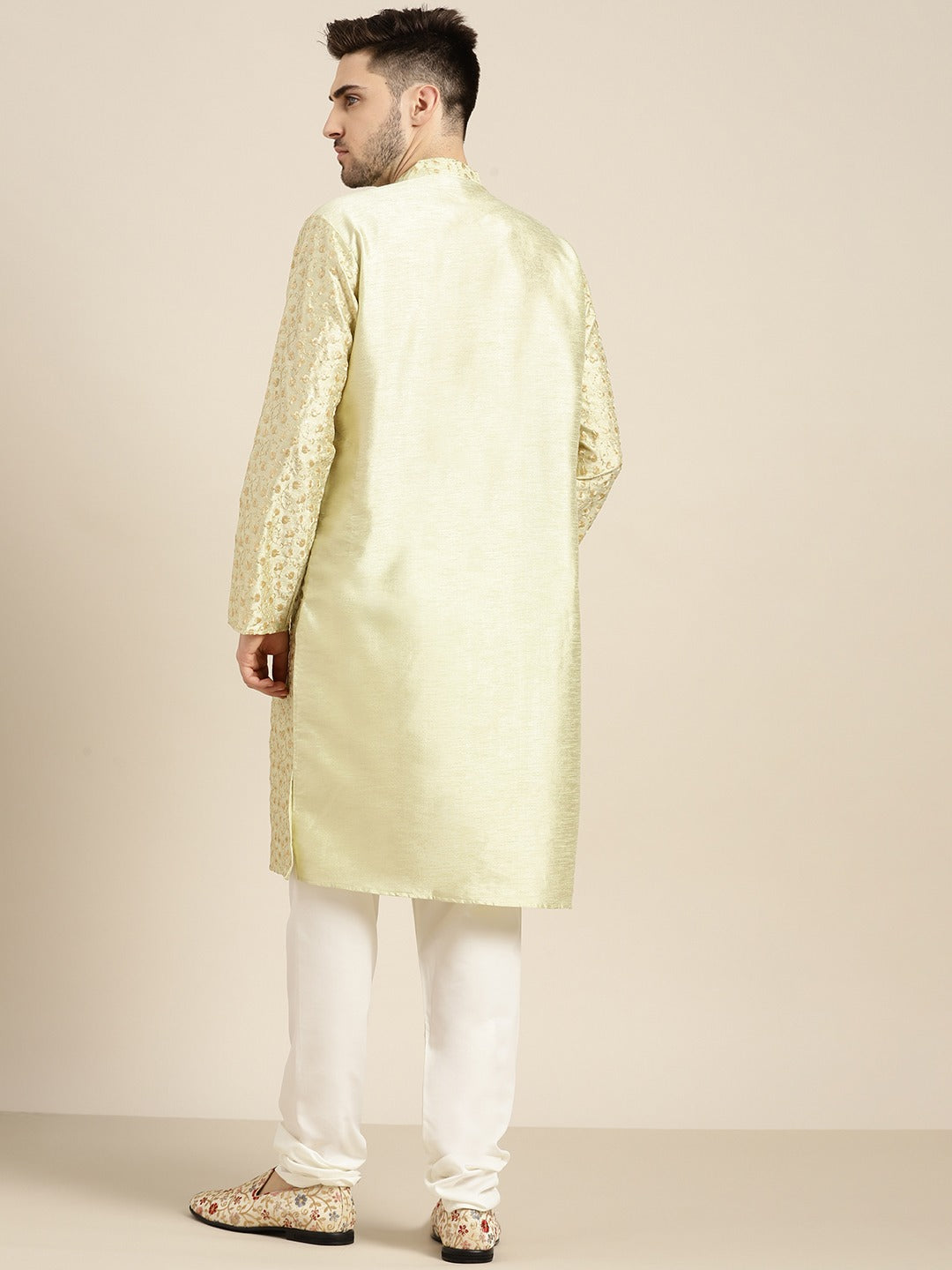 Men's Silk Blend Pista Embroidered Kurta With Cream Churidaar Pyjama