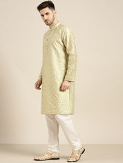 Men's Silk Blend Pista Embroidered Kurta With Cream Churidaar Pyjama