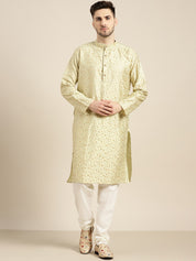 Men's Silk Blend Pista Embroidered Kurta With Cream Churidaar Pyjama