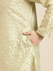 Men's Silk Blend Pista Embroidered Kurta With Cream Churidaar Pyjama