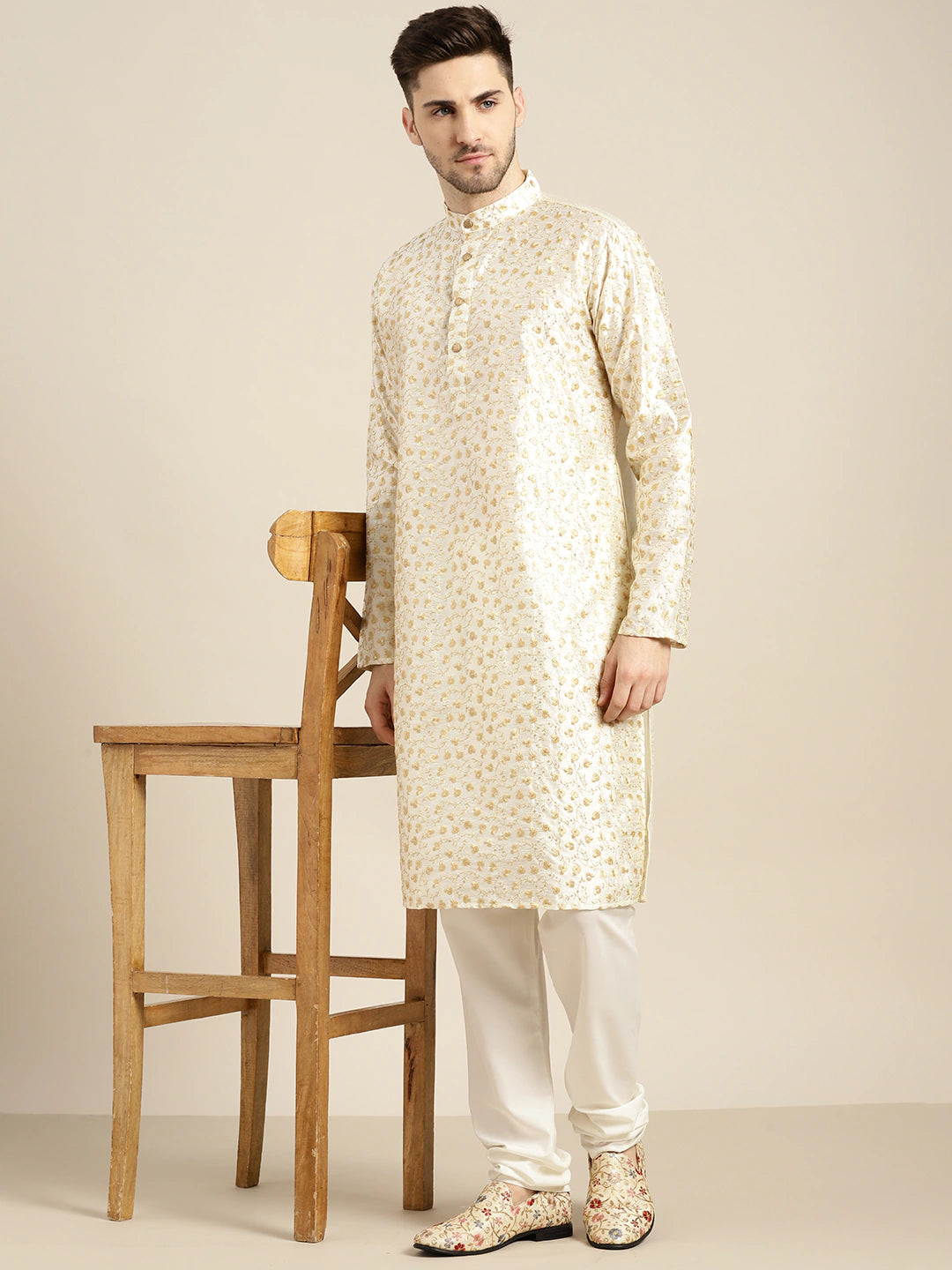 Men's Silk Blend Cream Embroidered Kurta With Cream Churidaar Pyjama