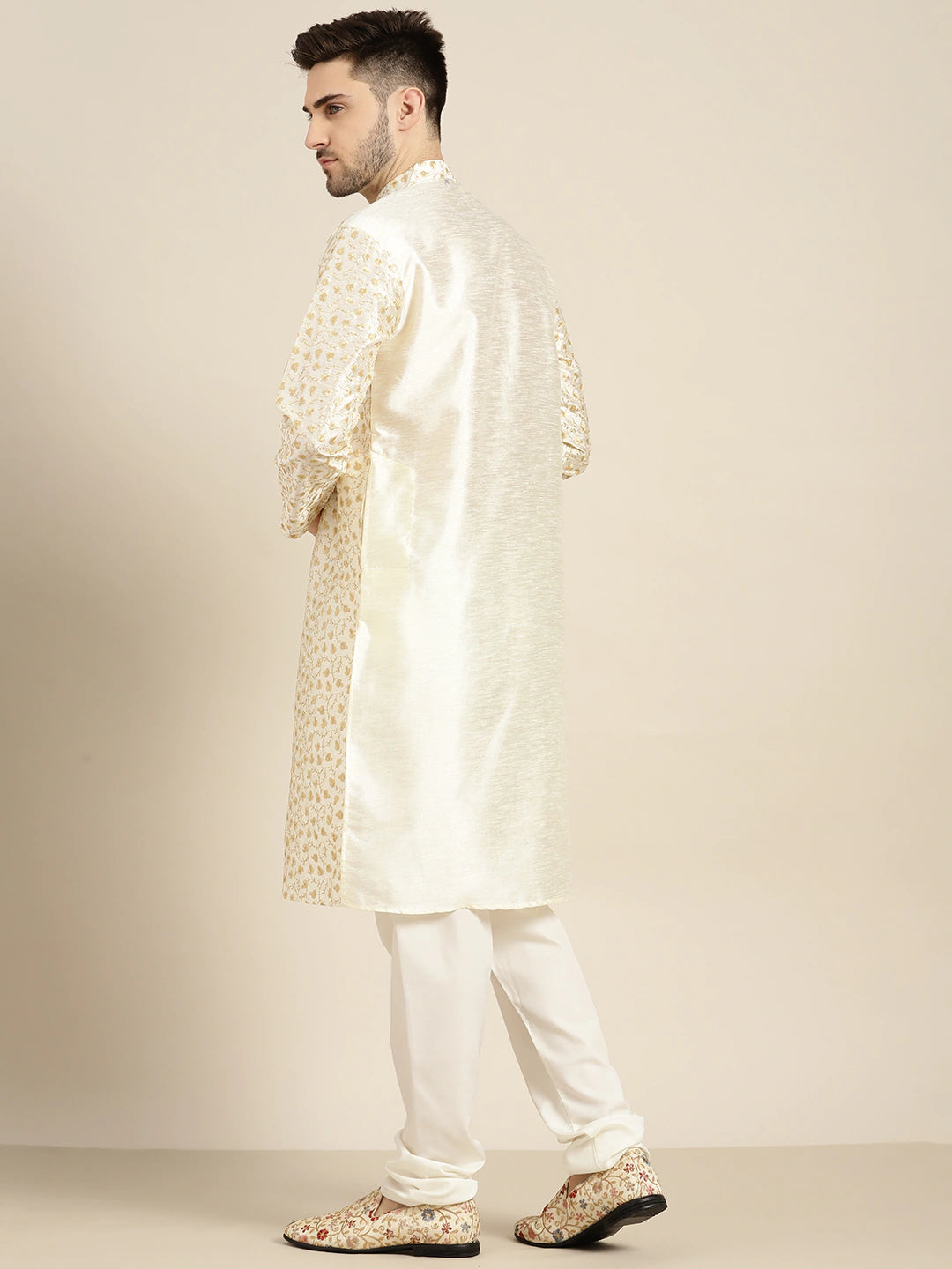 Men's Silk Blend Cream Embroidered Kurta With Cream Churidaar Pyjama