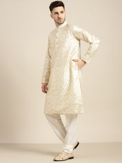 Men's Silk Blend Cream Embroidered Kurta With Cream Churidaar Pyjama