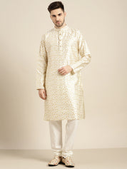 Men's Silk Blend Cream Embroidered Kurta With Cream Churidaar Pyjama