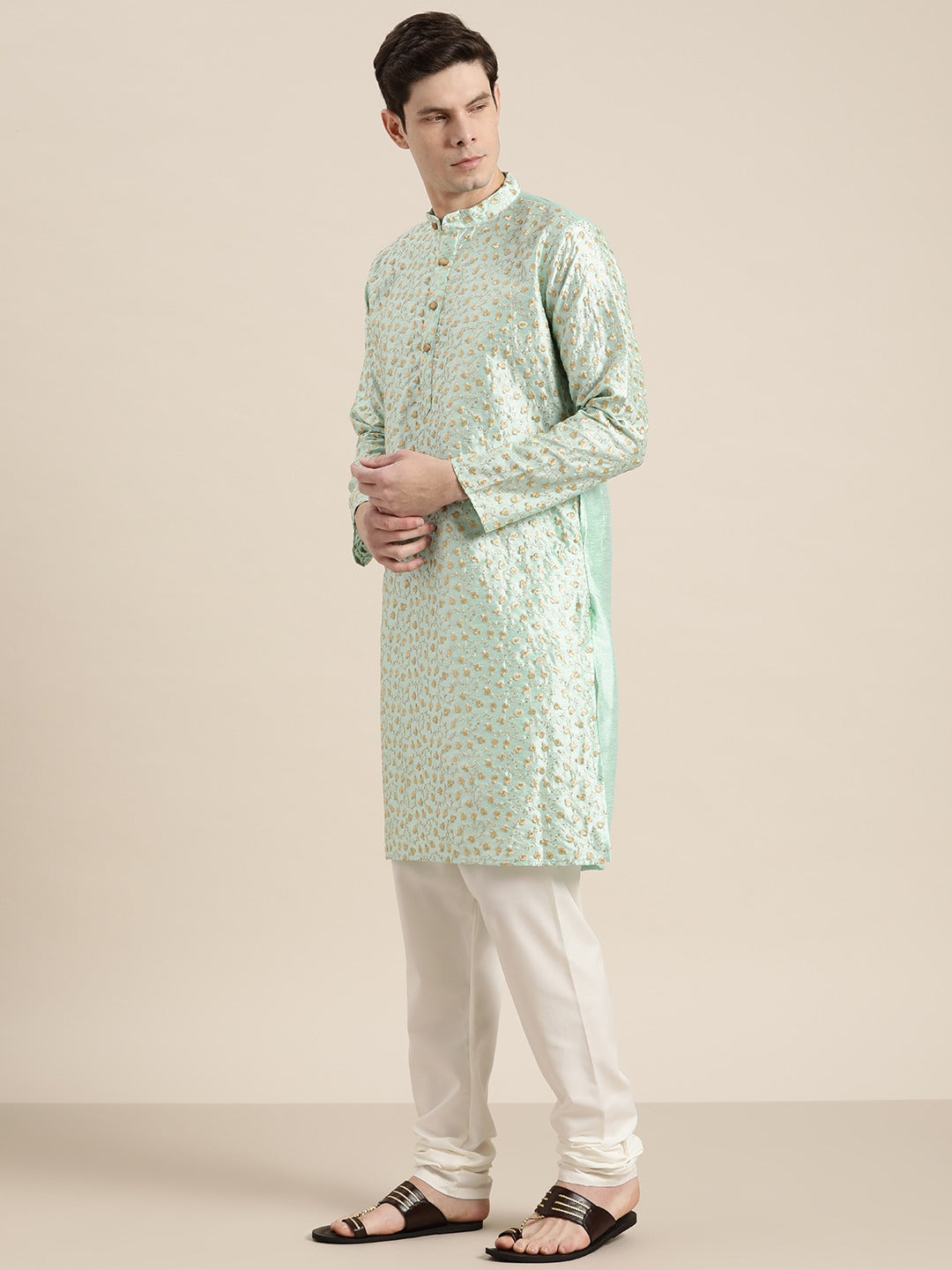 Men's Silk Blend Sea Green Embroidered Kurta With Cream Churidaar Pyjama