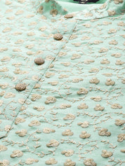Men's Silk Blend Sea Green Embroidered Kurta With Cream Churidaar Pyjama