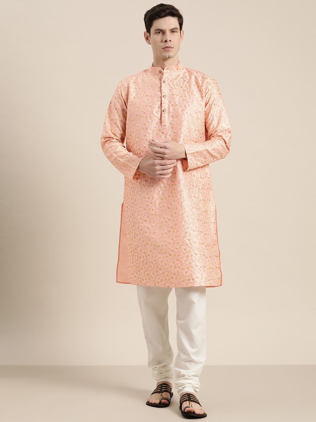 Men's Silk Blend Peach Embroidered Kurta With Cream Churidaar Pyjama