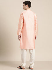 Men's Silk Blend Peach Embroidered Kurta With Cream Churidaar Pyjama