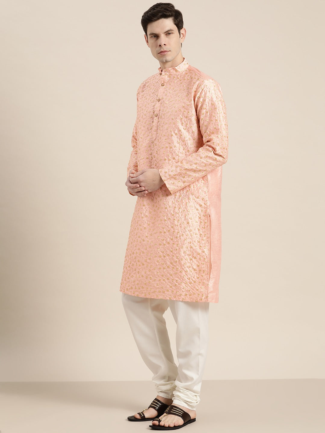 Men's Silk Blend Peach Embroidered Kurta With Cream Churidaar Pyjama