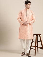 Men's Silk Blend Peach Embroidered Kurta With Cream Churidaar Pyjama