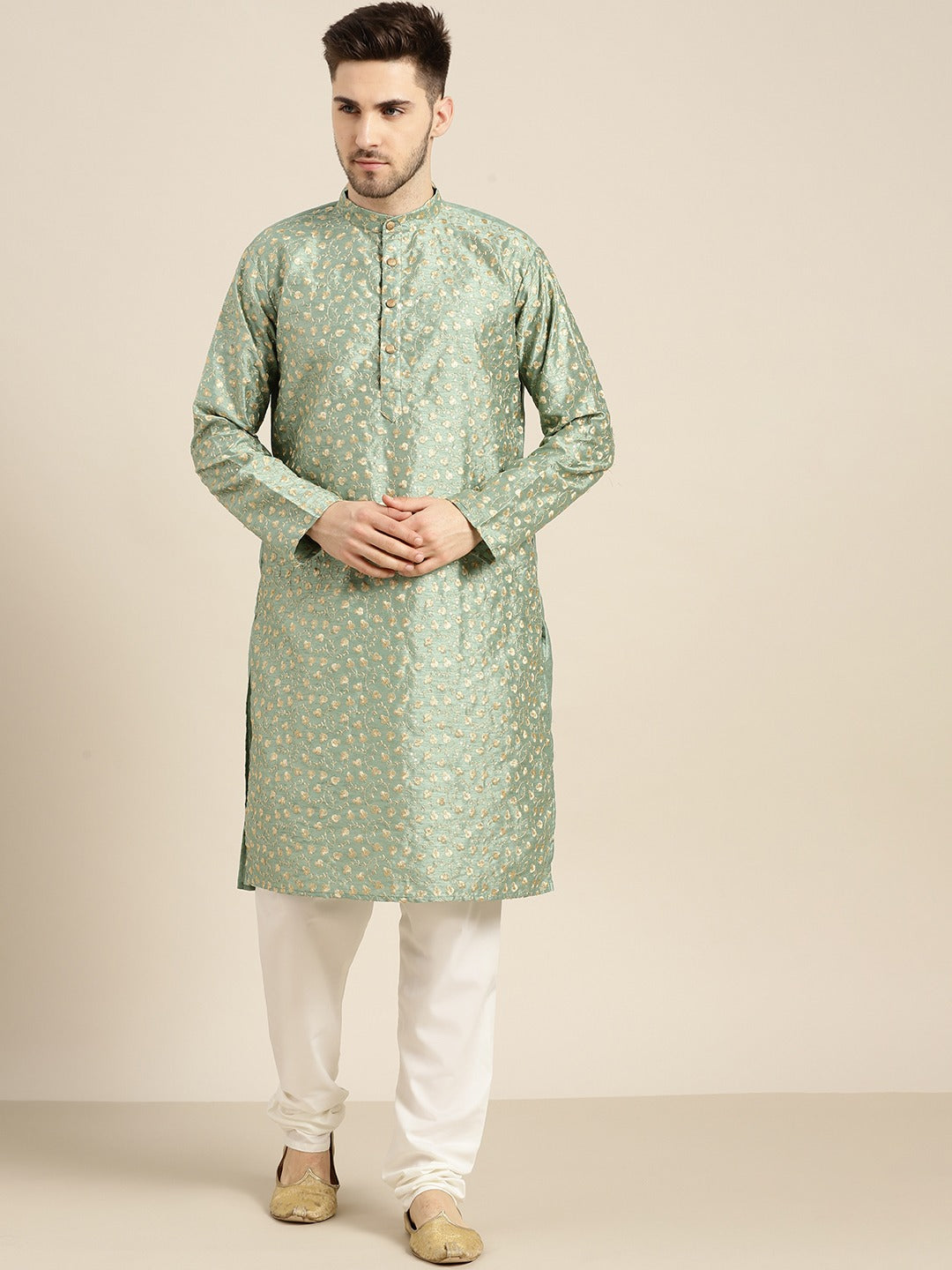 Men's Silk Blend Dark Pista Green Embroidered Kurta With Cream Churidaar Pyjama