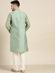 Men's Silk Blend Dark Pista Green Embroidered Kurta With Cream Churidaar Pyjama