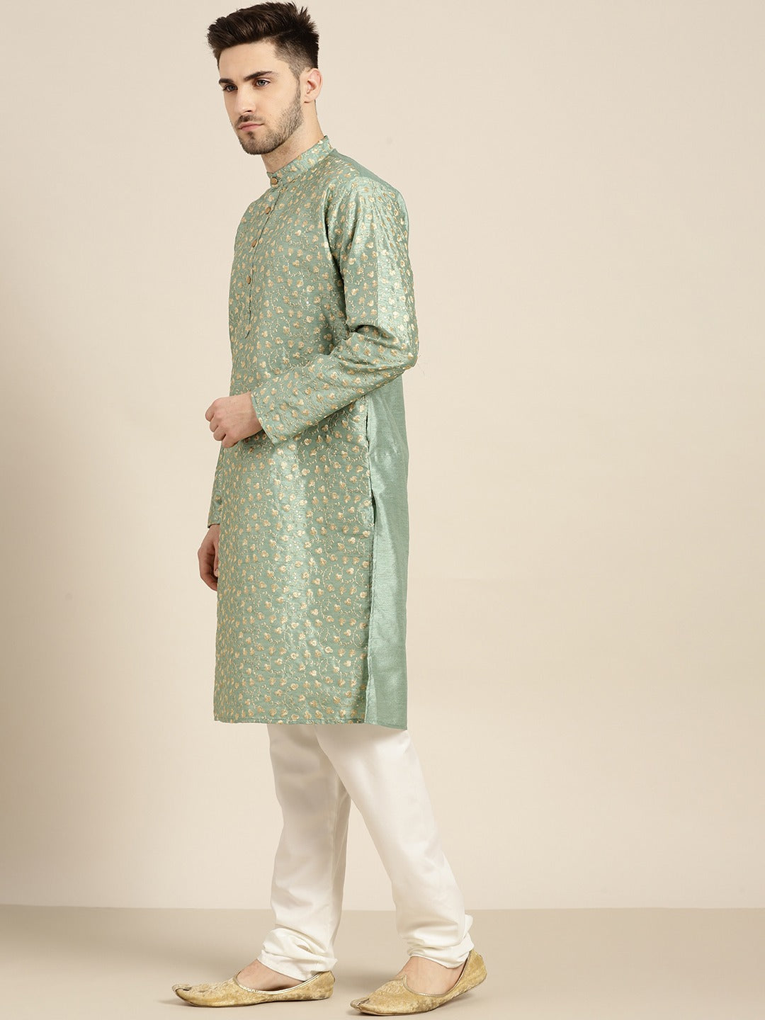 Men's Silk Blend Dark Pista Green Embroidered Kurta With Cream Churidaar Pyjama