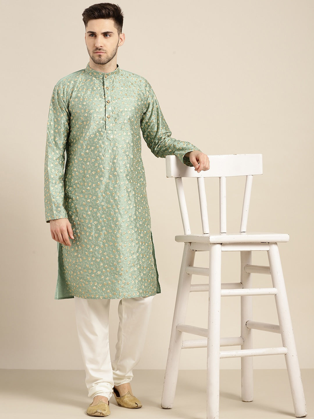 Men's Silk Blend Dark Pista Green Embroidered Kurta With Cream Churidaar Pyjama