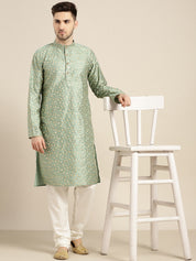 Men's Silk Blend Dark Pista Green Embroidered Kurta With Cream Churidaar Pyjama