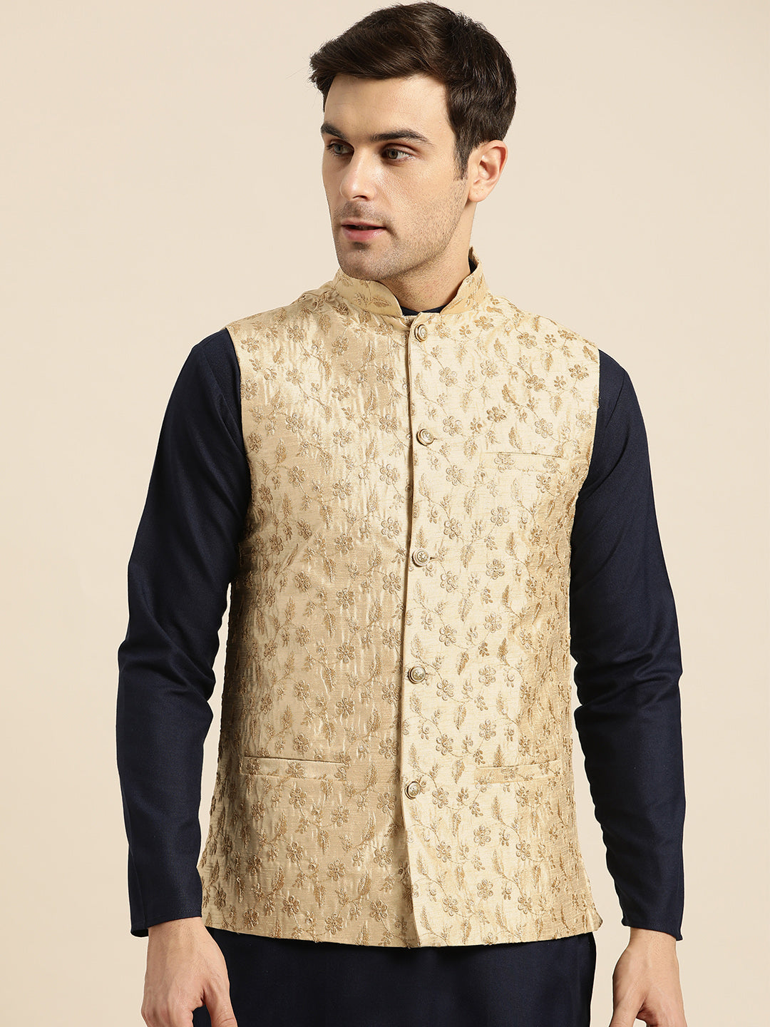 Mens Silk Blend Embroidered Beige Nehru Jacket