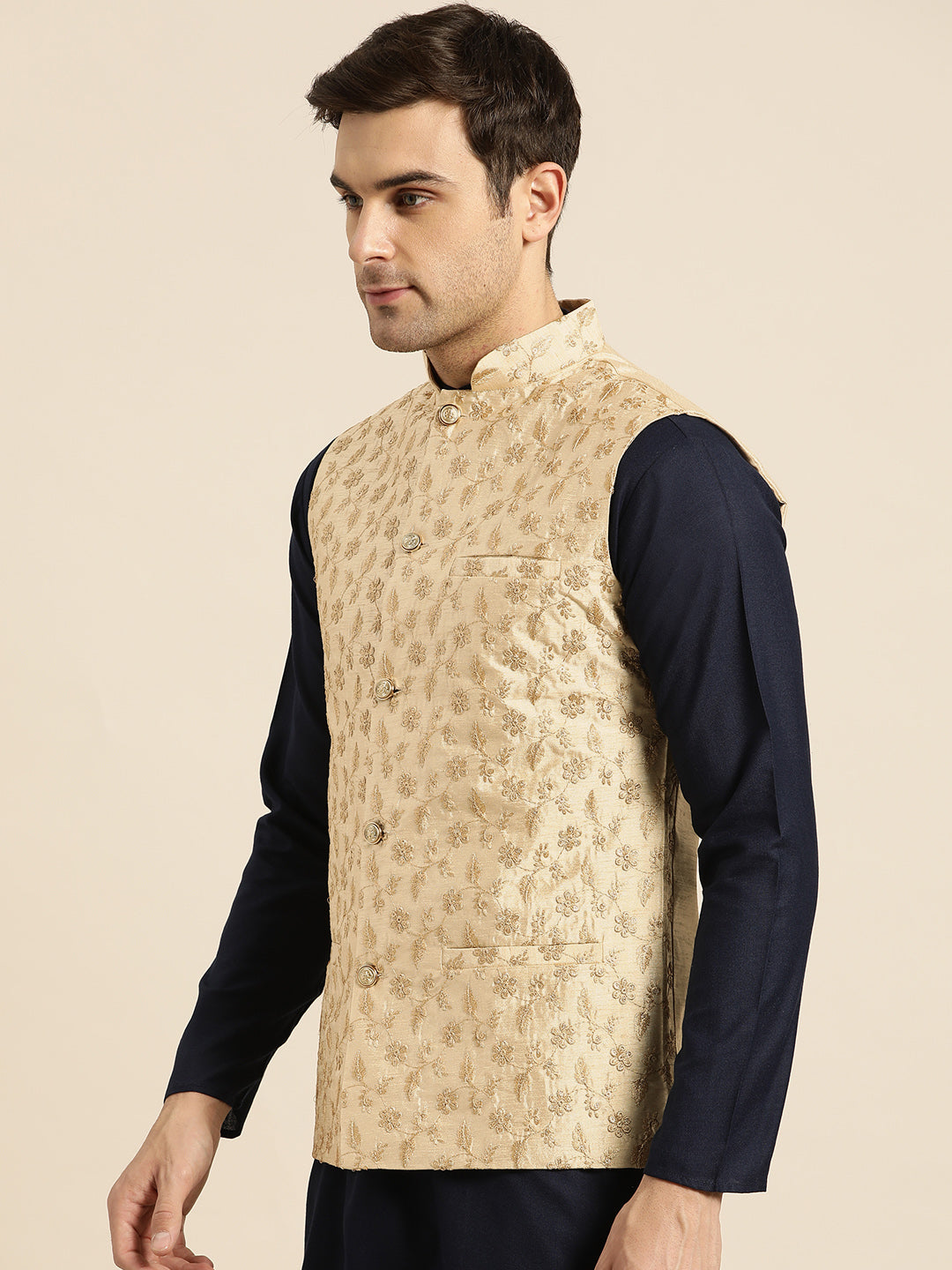 Mens Silk Blend Embroidered Beige Nehru Jacket