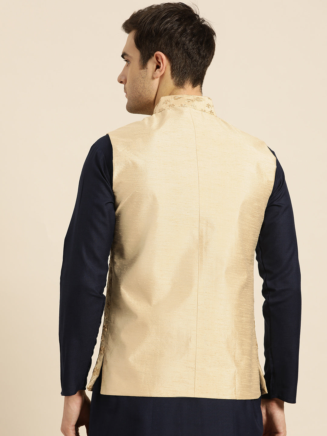 Mens Silk Blend Embroidered Beige Nehru Jacket