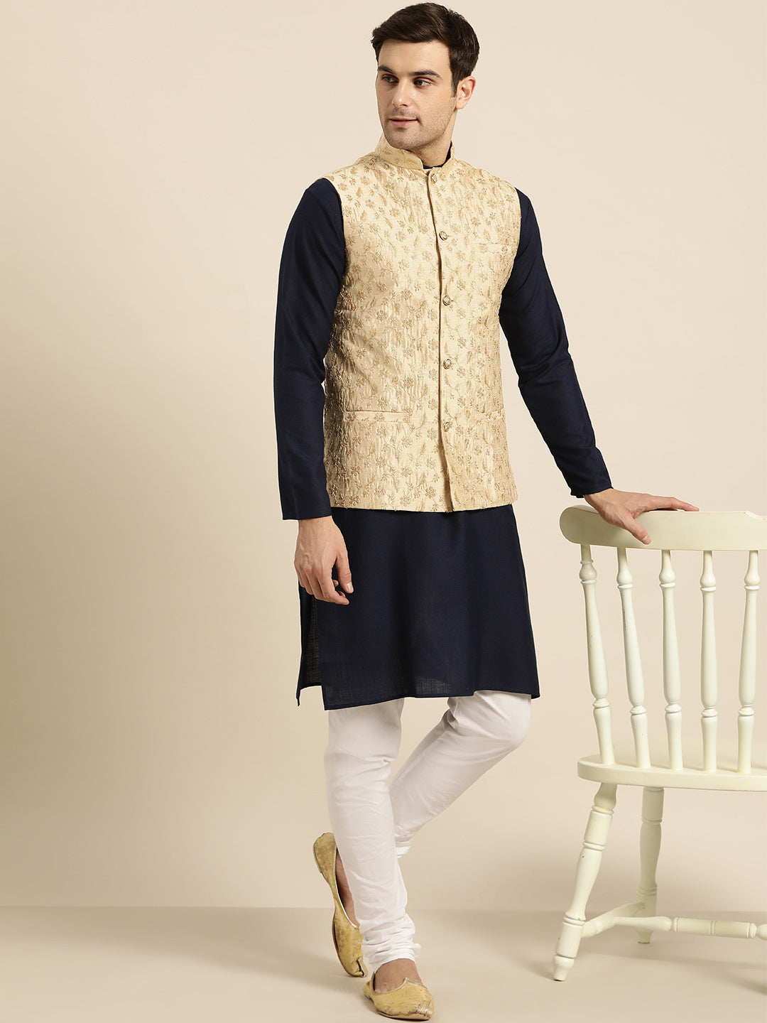 Mens Silk Blend Embroidered Beige Nehru Jacket