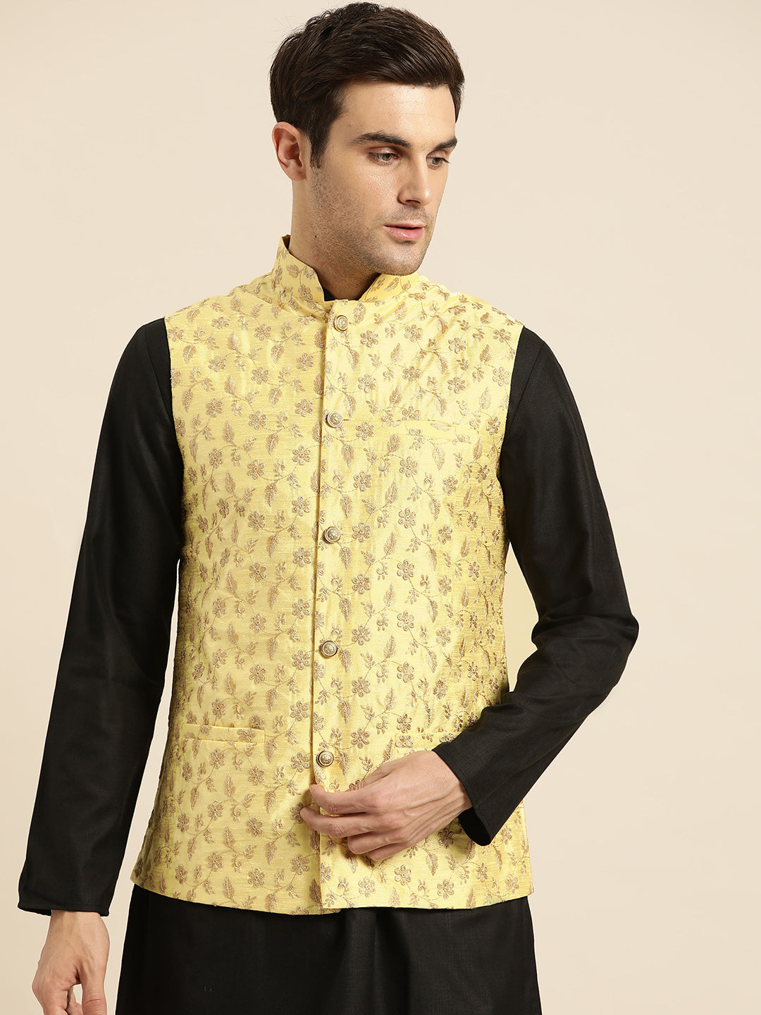 Mens Silk Blend Embroidered Light Yellow Nehru Jacket