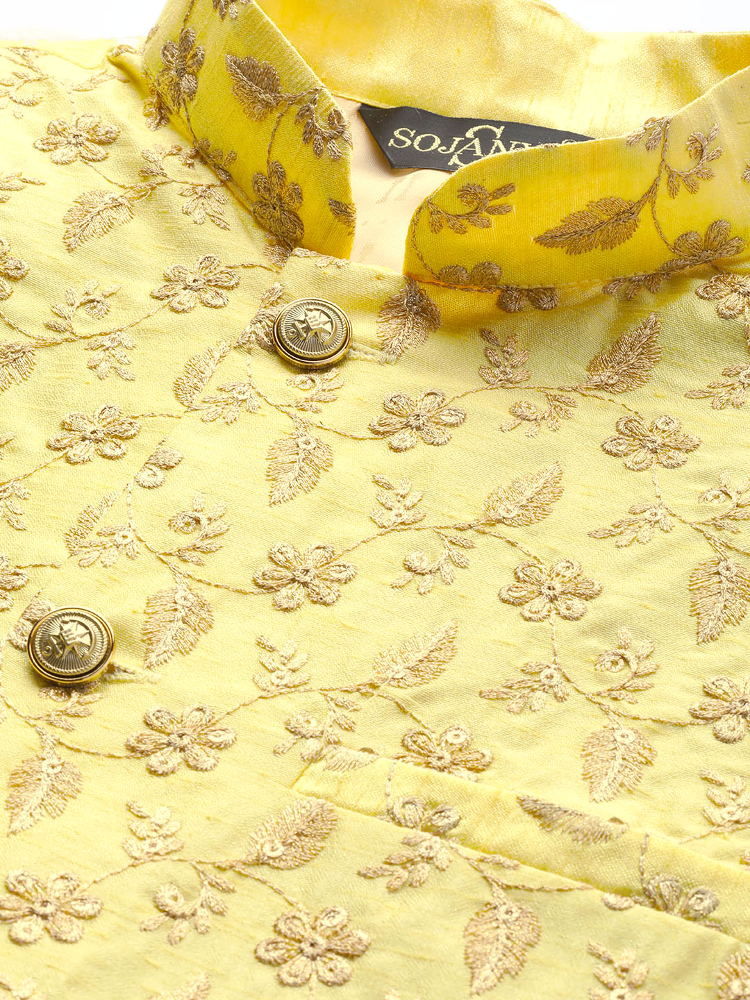 Mens Silk Blend Embroidered Light Yellow Nehru Jacket