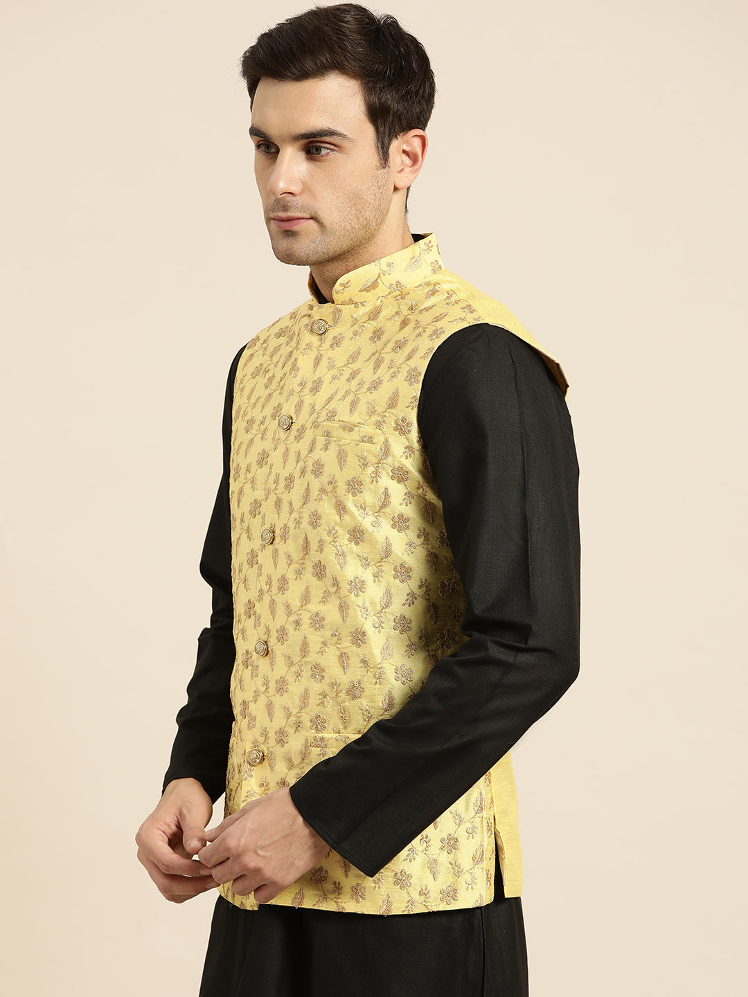 Mens Silk Blend Embroidered Light Yellow Nehru Jacket