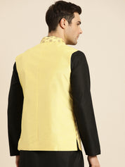 Mens Silk Blend Embroidered Light Yellow Nehru Jacket