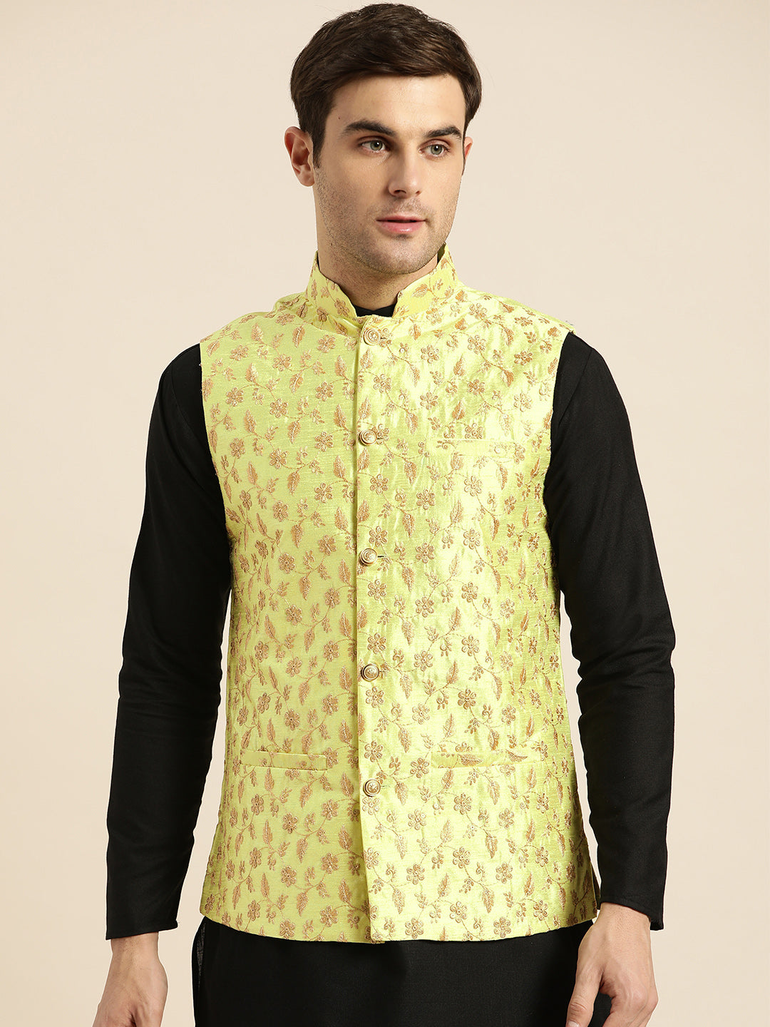 Mens Silk Blend Embroidered Light Green Nehru Jacket