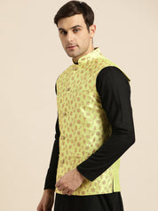 Mens Silk Blend Embroidered Light Green Nehru Jacket