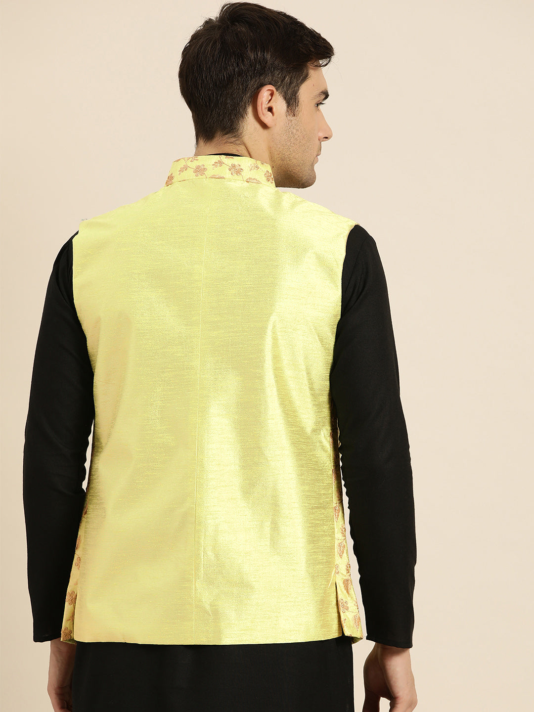 Mens Silk Blend Embroidered Light Green Nehru Jacket