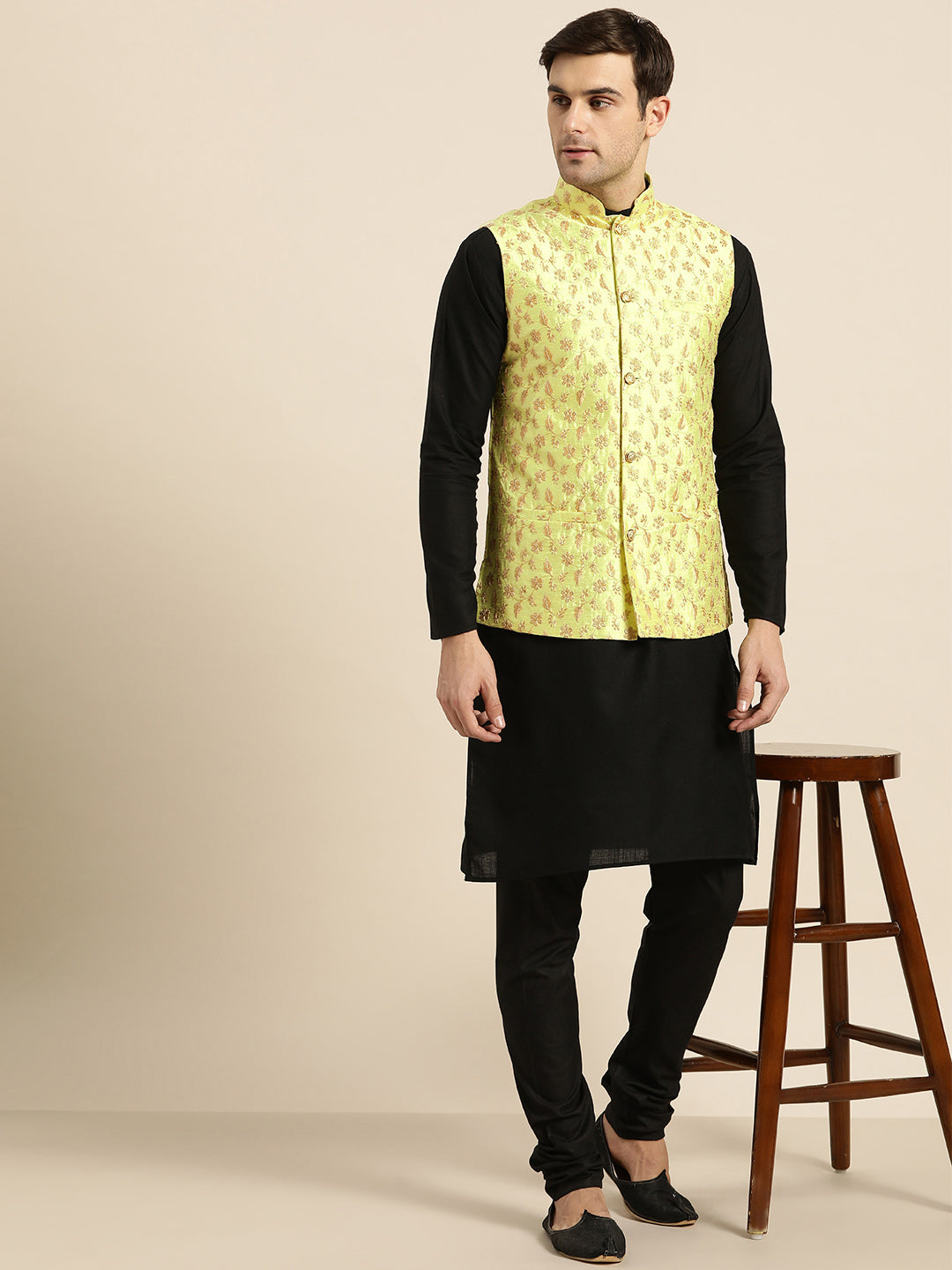 Mens Silk Blend Embroidered Light Green Nehru Jacket