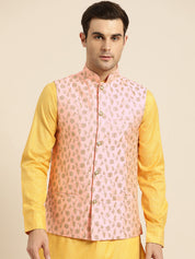 Mens Silk Blend Embroidered Peach Nehru Jacket