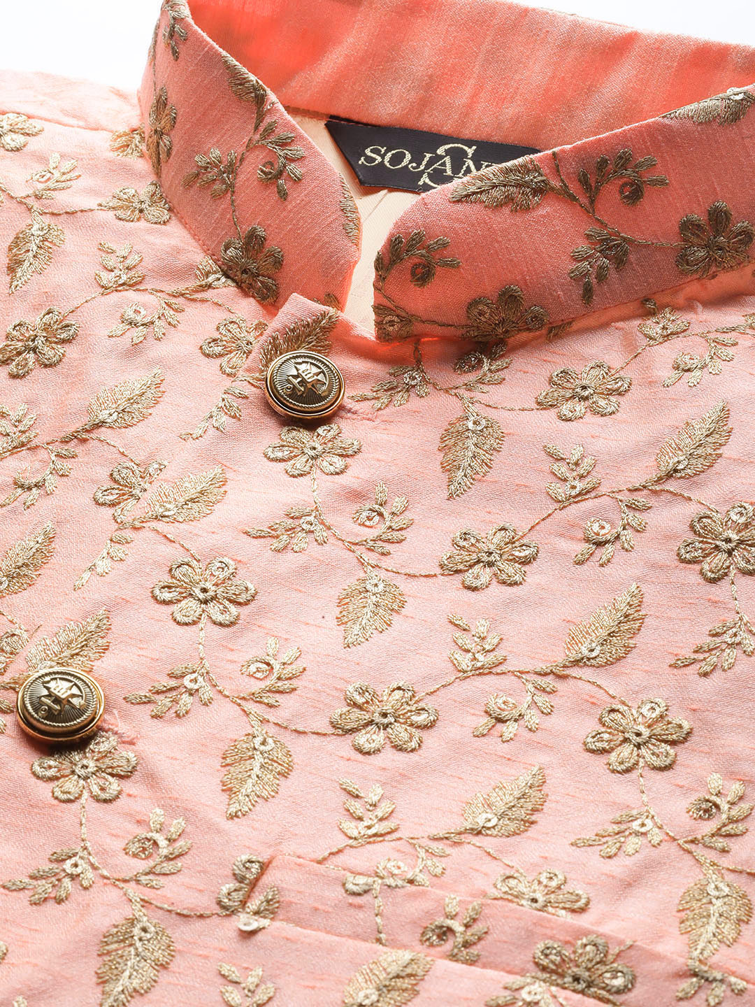 Mens Silk Blend Embroidered Peach Nehru Jacket