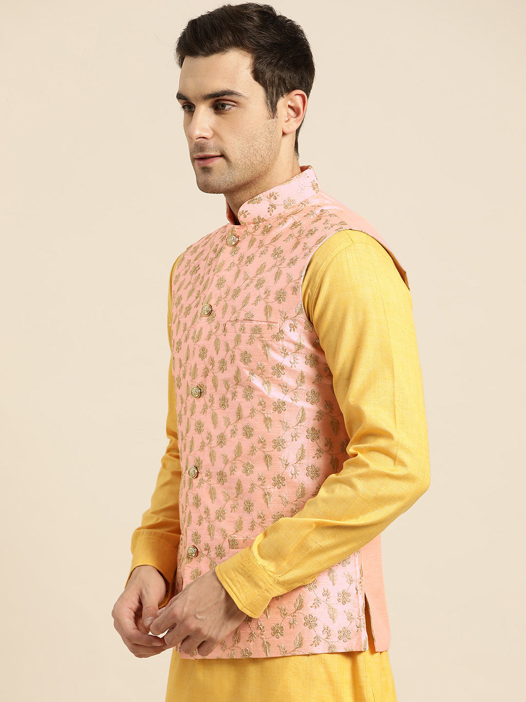 Mens Silk Blend Embroidered Peach Nehru Jacket