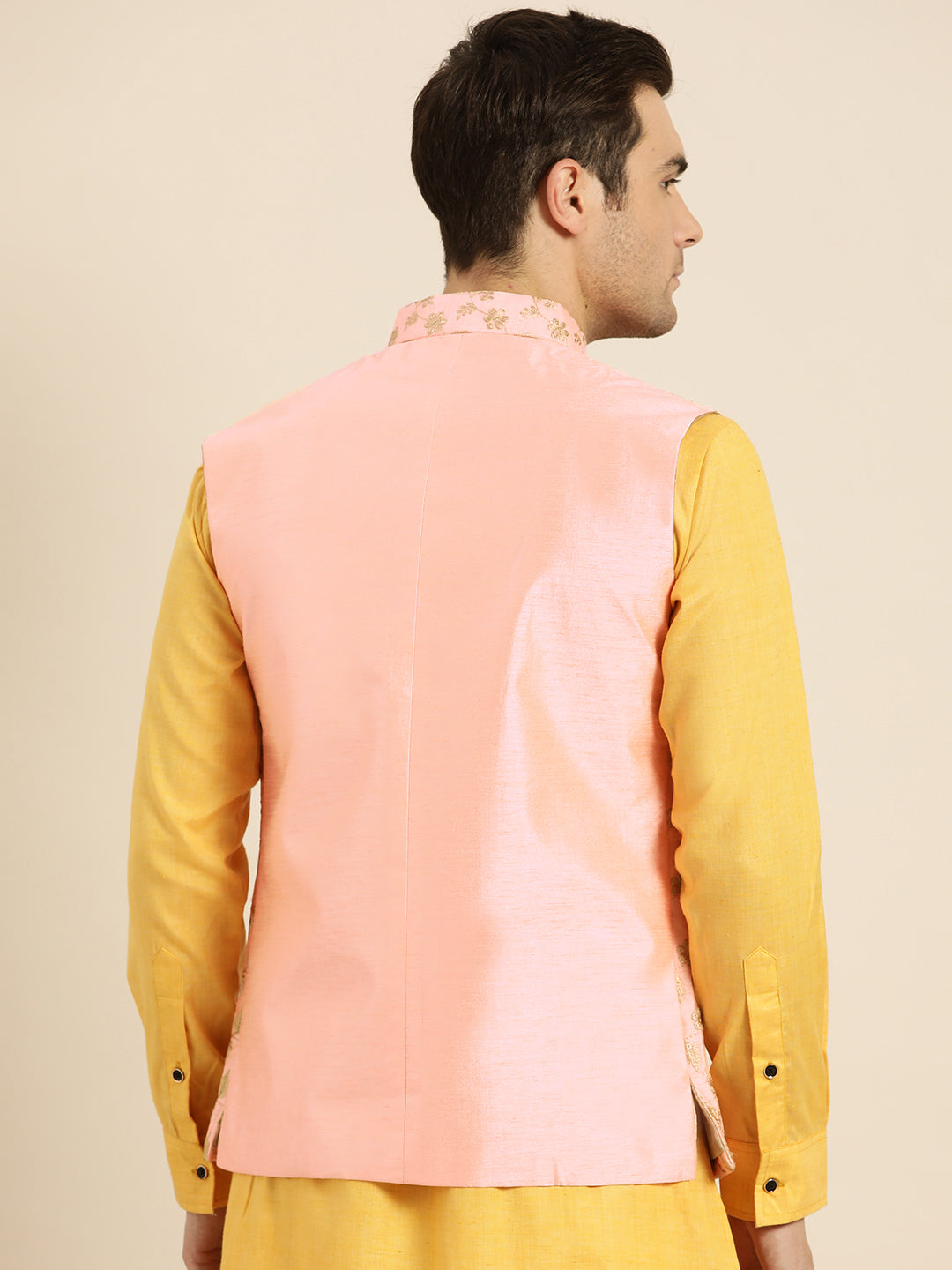 Mens Silk Blend Embroidered Peach Nehru Jacket