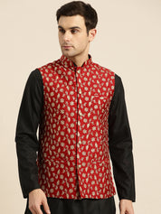 Mens Silk Blend Embroidered Red Nehru Jacket