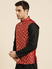 Mens Silk Blend Embroidered Red Nehru Jacket