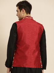 Mens Silk Blend Embroidered Red Nehru Jacket