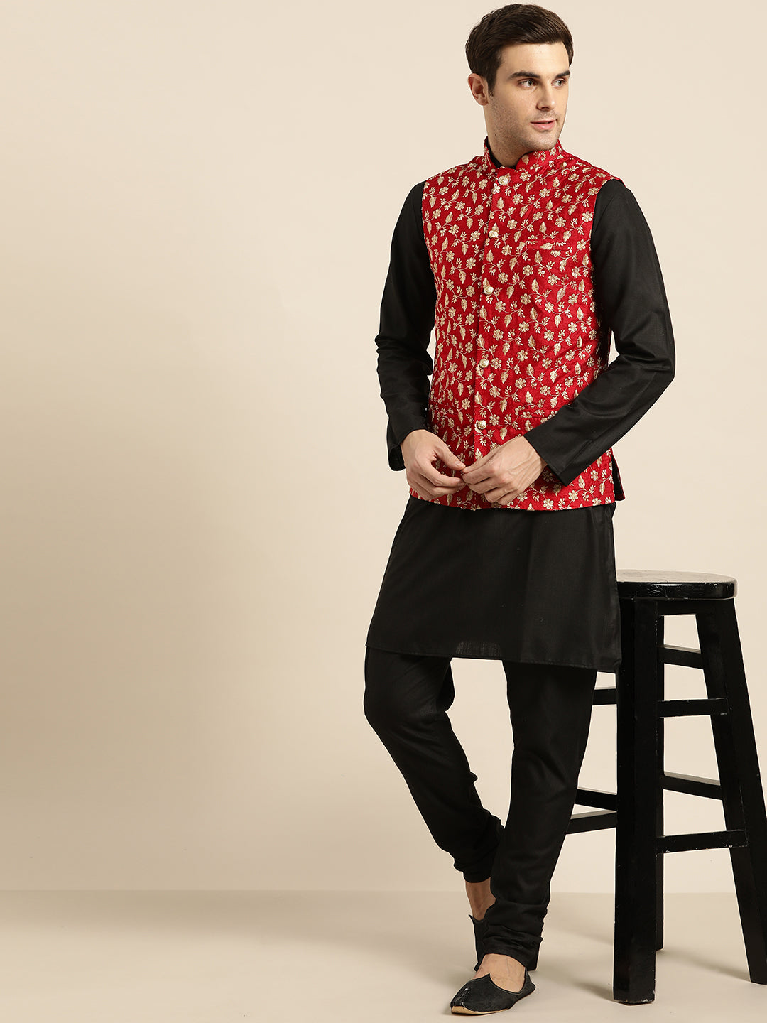 Mens Silk Blend Embroidered Red Nehru Jacket