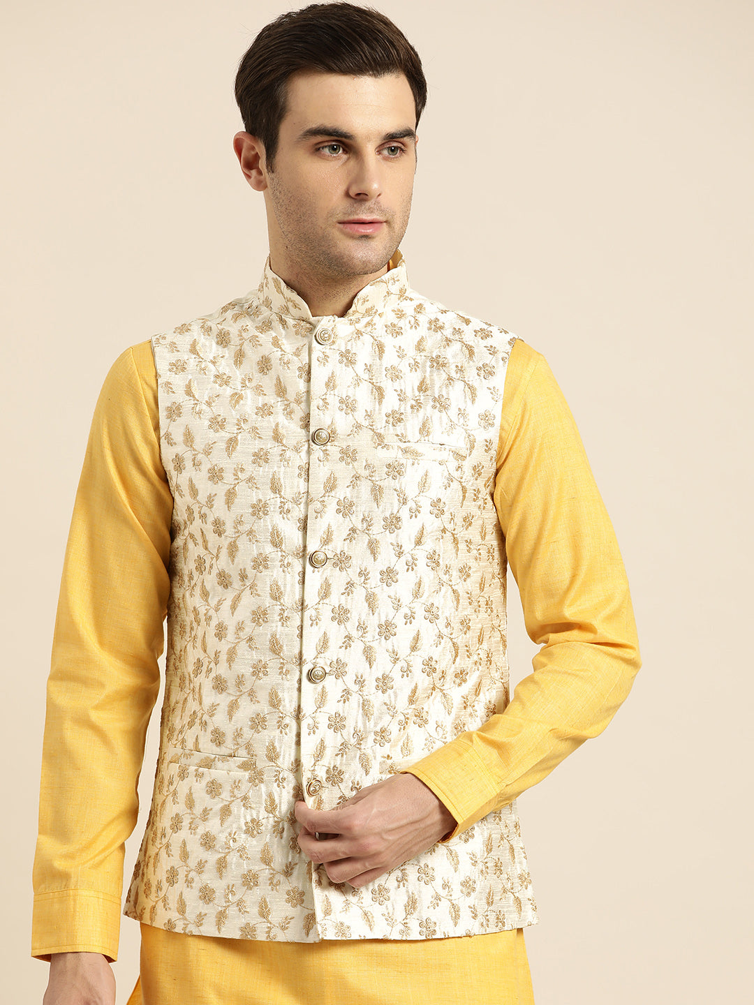 Mens Silk Blend Embroidered Cream Nehru Jacket